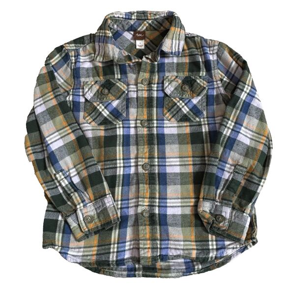 Tea collection blue green plaid flannel button down shirt boys 4 fall cozy retro - Picture 2 of 9